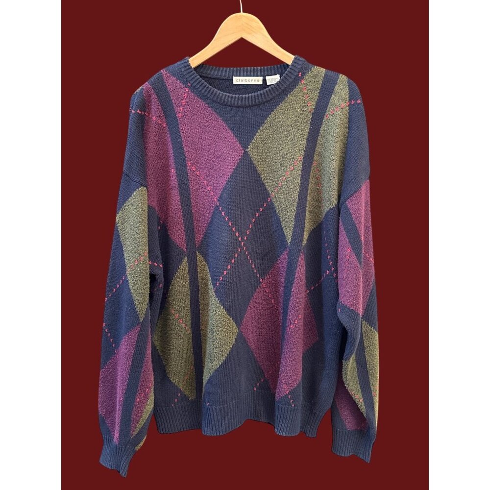Vintage Claiborne XL Argyle Sweater Academia Grandpacore 90s Preppy Retro Knit